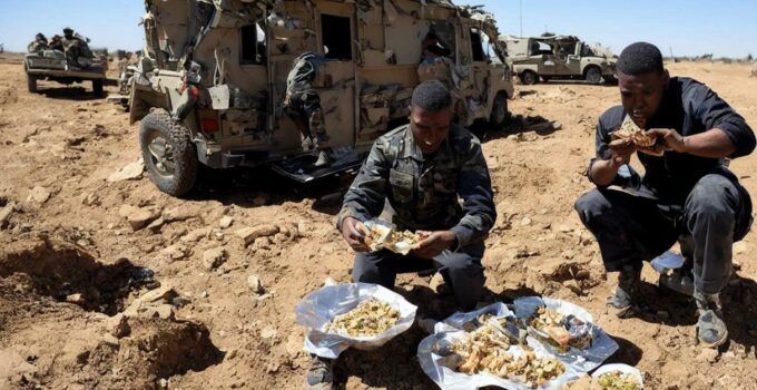 A Man Eating A Mre In The Middle Of A War-Torn Battlefield