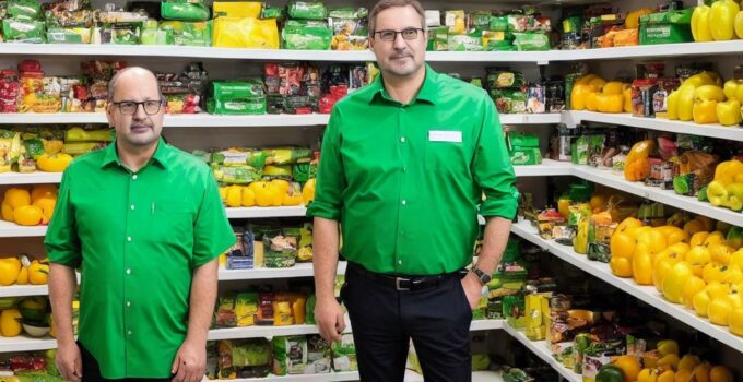 A Man In A Green Shirt And A Yellow Tie Is Standing In Front Of A Shelf Of Food